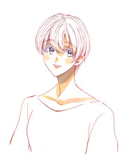 ショートカットの穏やかな笑顔の女性　線画