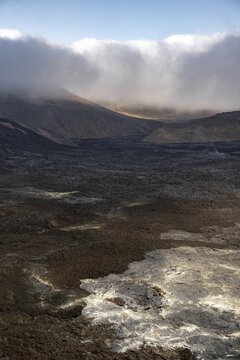 Lava fields with sulphur deposits between hills, volcanic eruption, active table volcano Fagradalsfjall, Kr&yacute;suv&iacute;k volcanic system, Reykjanes Peninsula, Iceland