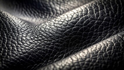 高級本革のテクスチャ背景（ブラック・シボ加工・サイドライト） Luxury black genuine leather texture background with natural grain and soft side lighting.
