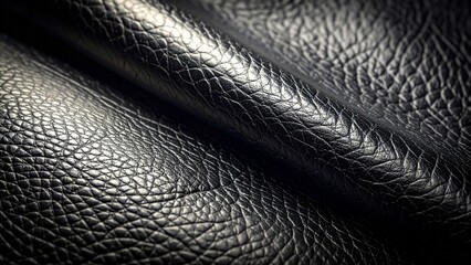高級本革のテクスチャ背景（ブラック・シボ加工・サイドライト） Luxury black genuine leather texture background with natural grain and soft side lighting.