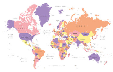 world map. Colourful Illustration showing country names, State names (USA & Australia), capital cities, major lakes and oceans. Print at no less than 36". Jpeg image