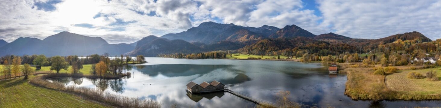 Panorama, aerial view, boathouses at Lake Kochel in autumn, jetty, alpine foreland, Lake Kochel, Bavaria, Germany