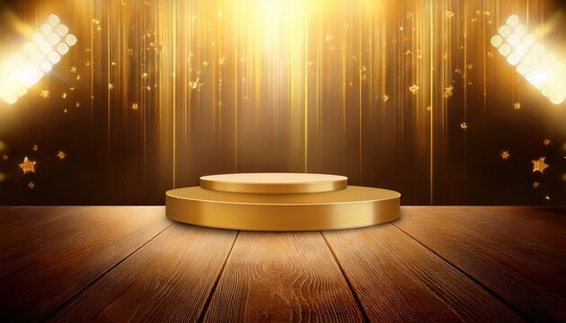 podium with golden light lamps background