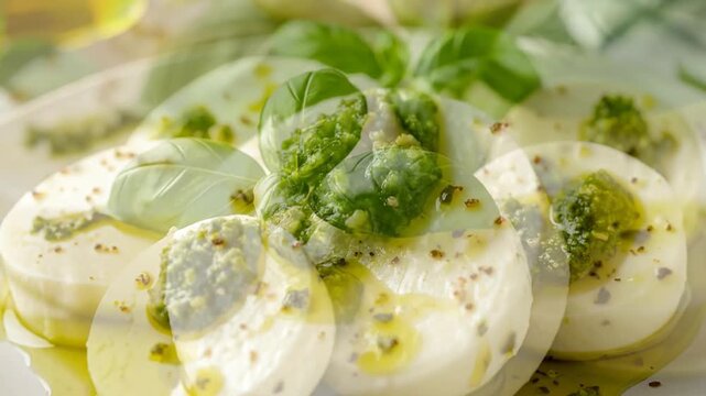 Delicious Caprese salad with fresh basil, pesto, and olive oil, a classic Italian appetizer.