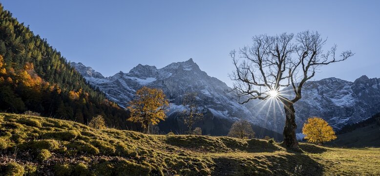 Sun star, Spitzkarspitze and Gro&szlig;er Ahornboden in autumn, yellow sycamore, Ri&szlig;tal in der Eng, Tyrol, Austria