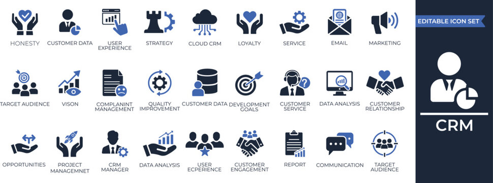 Customer relationship management CRM solid icon set. containing marketing, client, information, data, management, report, strategy, audience, and more. Editable vector icons collection.
