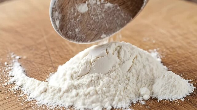 A close-up view features fine white powder, resembling flour or a common baking ingredient, gracefully pouring from a rustic wooden spoon onto a textured wooden surface. The powdery substance cascades
