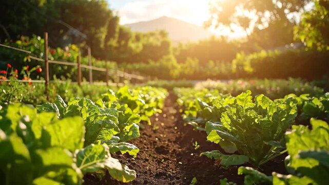 Lush green vegetable garden with rows of plants, bathed in warm sunlight, creating a vibrant scene.