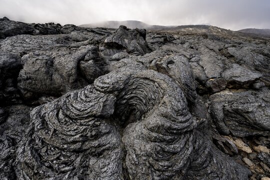 Petrified lava, volcanic rock in bizarre shapes, lava field, volcanic eruption, active table volcano Fagradalsfjall, Kr&yacute;suv&iacute;k volcanic system, Reykjanes Peninsula, Iceland