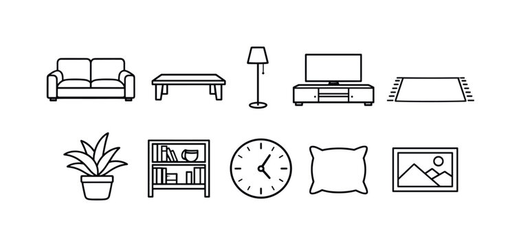 Home furniture linear icon set. Living room furnishings, decor elements line collection.