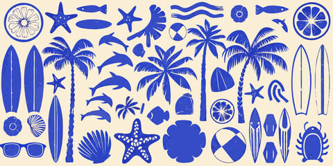 Blue summer motifs surfboards palm trees and marine life collage © Mira