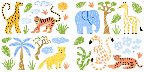 Obraz premium Playful cartoon illustration featuring various african animals and tropical plants