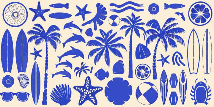 Blue summer motifs surfboards palm trees and marine life collage