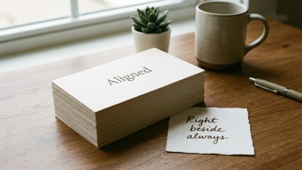 Minimalist workspace with inspirational aligned cards and plant