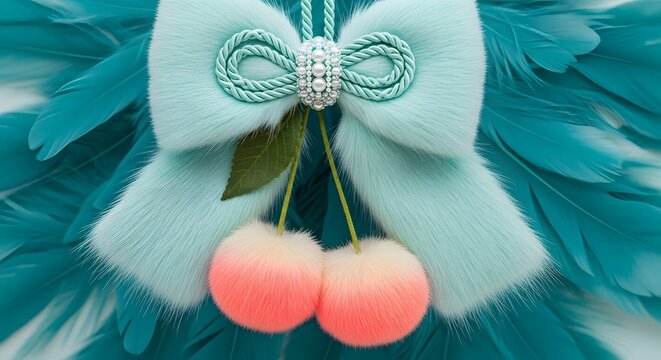 Vibrant pink fur cherries with elaborate teal bow and pearls. High fashion accessory and luxury craft concept. Decorative pompom fruit against teal feather background.