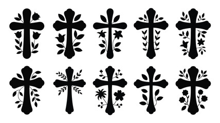 Collection of ten unique black cross symbols with floral and leaf decorations on white background ideal for religious and spiritual themes © Antu