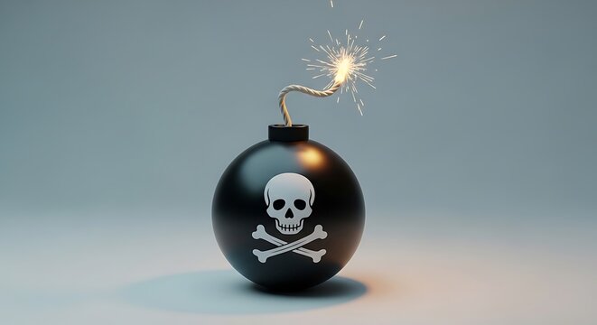 Black bomb with skull and crossbones symbol about to explode due to lit fuse