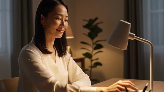 Young Asian woman adjusting a desk lamp while working from home at night, creating a cozy and productive atmosphere.