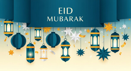 Eid Mubarak greeting with hanging lanterns and stars. © Maput