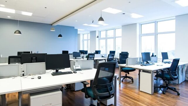 Modern office space with rows of desks, computers, and chairs, ready for work.