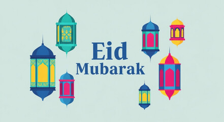Eid Mubarak greeting with colorful lanterns and text. © Maput