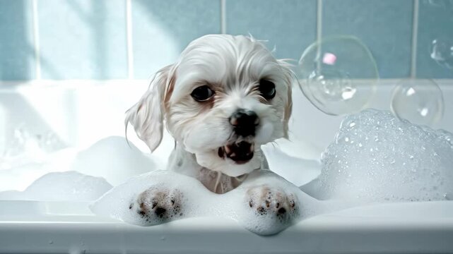 Adorable wet white fluffy small dog puppy immersed in many soap bubbles during fresh bath time