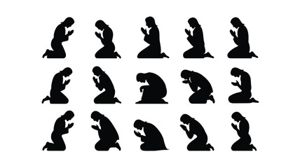 Obraz premium Woman kneeling in prayer sequence silhouette illustration spiritual moment serene atmosphere simple background multiple poses