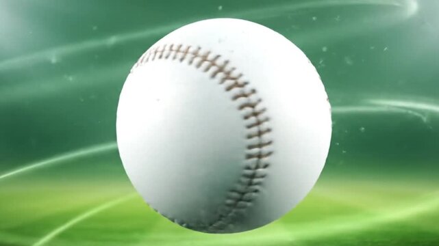 Clean white baseball with distinct red stitching prominently displayed against an ethereal green background with glowing light streaks, suggesting speed and dynamic play in a stadium setting.