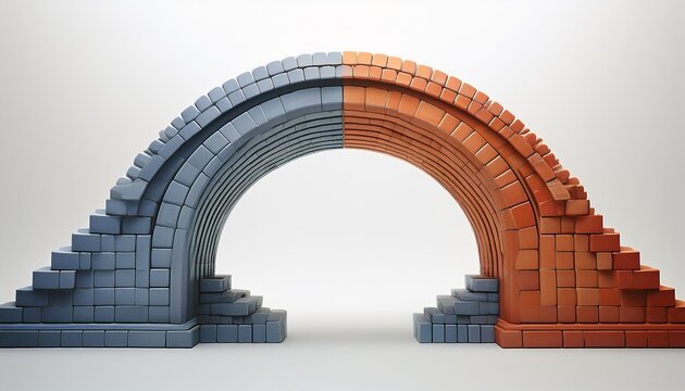a 3d bridge arch made of blocks spanning two bases on a white background text curiosity builds bridges conceptual graphic for connection learning and problem solving