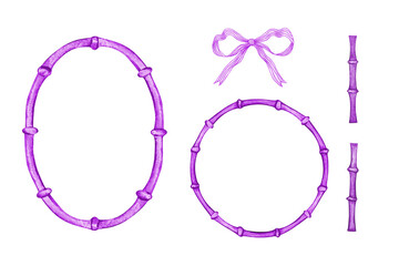 Watercolor purple bamboo stems frames set, for decoration and print