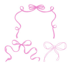 Watercolor pink bows set, ribbon silk, illustration for design and print.
