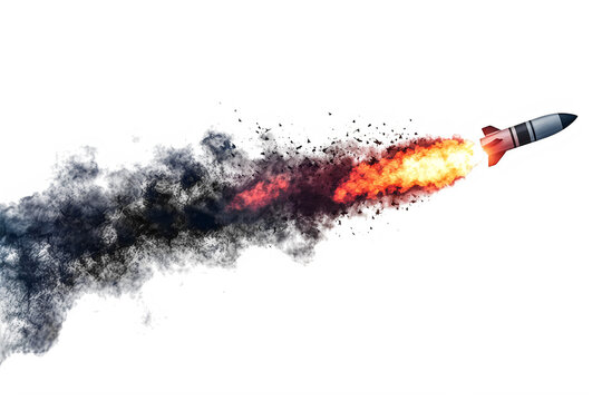 Rocket launching into space with fierce flame and smoke trail behind it