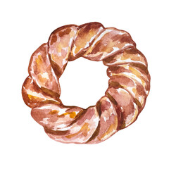 Watercolor bagel, hand drawn illustrations, isolated, bakery design, homemade baking.