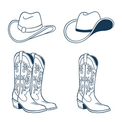Cowboy Line Art Cowgirl blue set, graphic illustration.