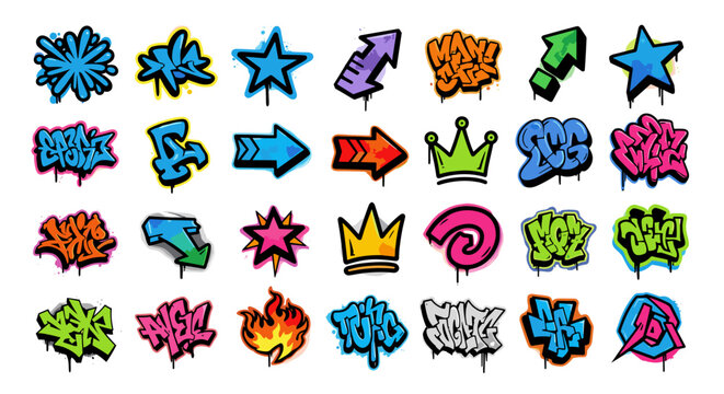 Collection of colorful graffiti style icons with arrows crowns and symbols