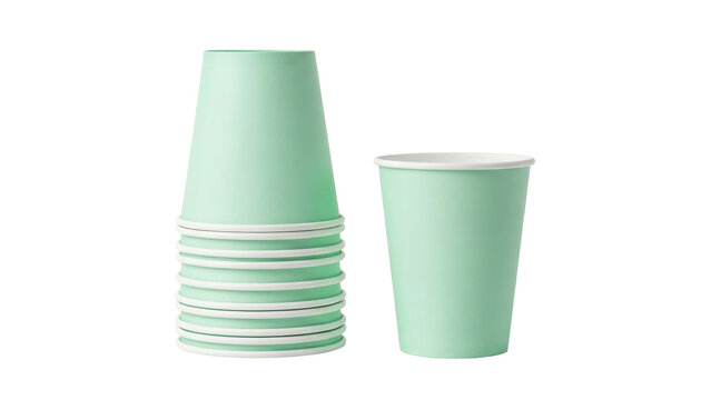 Isolated stack of light green paper cups next to individual cup, catering and party supplies