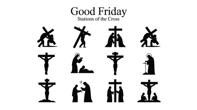 Good friday stations of the cross illustration set featuring 12 black silhouette scenes of jesus christ's crucifixion journey on white background symbolizing faith spirituality