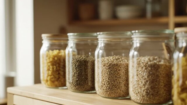 Zero Waste Kitchen Pantry with Glass Jars of Dry Goods and Grains.
