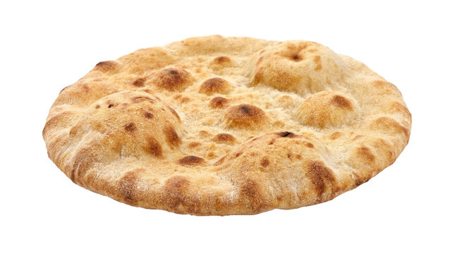 Freshly baked golden brown rustic flatbread isolated object with transparent background
