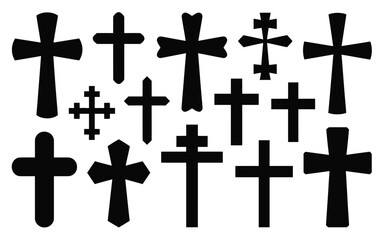Fototapeta premium Collection of various black cross symbols in different styles and sizes on white background representing faith spirituality and religious diversity