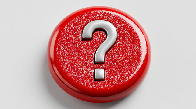 Textured Red Button with Silver Question Mark, Close-up