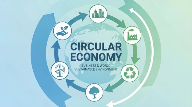 Circular economy concept graphic promoting recycling renewable energy and wind turbine factory for sustainable environment green urban development