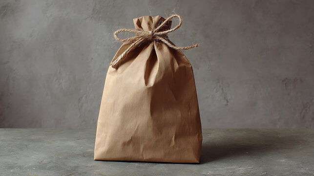 Eco-Friendly Brown Paper Bag Tied with Rustic Jute Twine Bow on Textured Gray Background for Sustainable Packaging Mockup and Organic Product Delivery Presentation