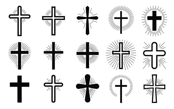 Collection of black christian cross symbols with various designs and halo effects on white background perfect for religious graphics and illustrations