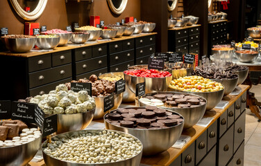 Delicious sweets and chocolate in candy shop