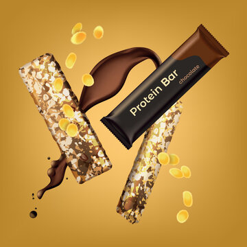 Chocolate protein bar with grains and chocolate splash. Energy snack vector realistic illustration