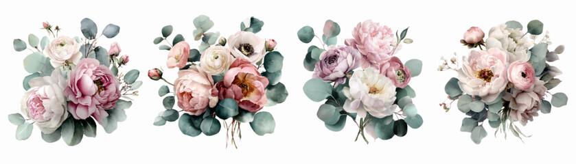 Collection of hand painted watercolor floral bouquets showcasing various pastel flowers and eucalyptus leaves, ideal for wedding invitations, greeting cards, and decorative designs © Narin