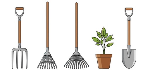 Gardening Tools and Potted Plant Collection Vector Illustration Set with Rake Pitchfork Shovel and Houseplant Isolated on White Background © Aminul