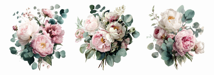 Three elegant watercolor bouquets of blooming pink and white peonies with green eucalyptus leaves, presenting floral arrangements for wedding invitations and spring festivals © Narin