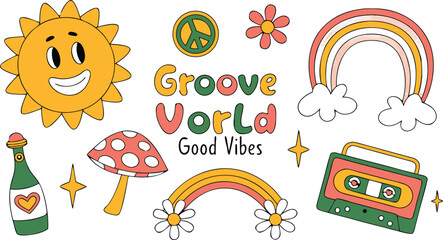 Fototapeta premium Set of vintage groovy characters and elements for poster of sticker design. playful cartoon expressions, thick stroke lines, sticker-style isolated elements, retro poster composition, high detail, 